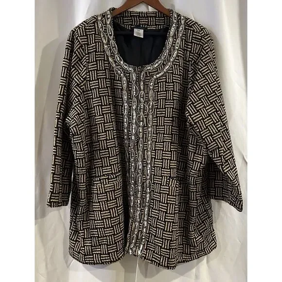 ULLA POPKEN Unique tan black print gold sequins design Blazer Jacket Size 28/30 - Picture 1 of 5